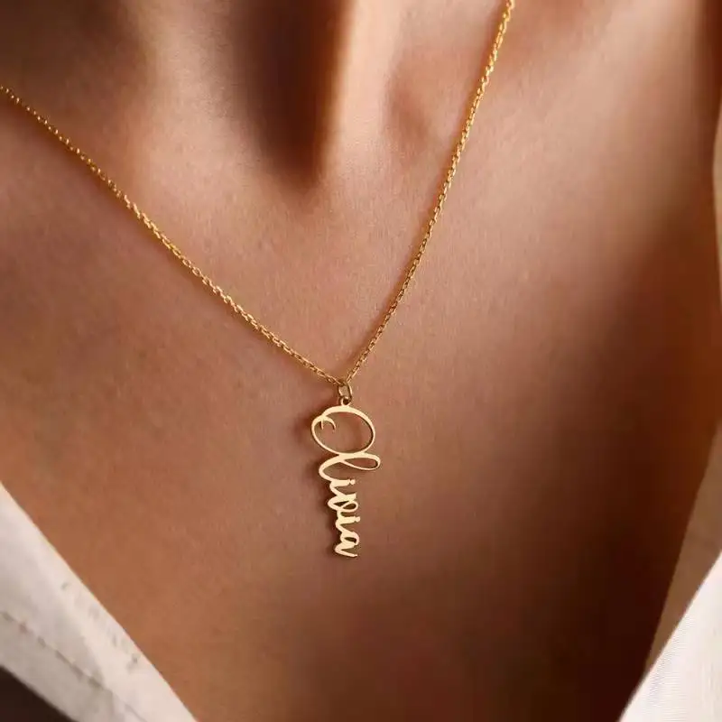

Custom Name Necklace Stainless Steel Gold Choker Personalized Vertical Name Nameplate Pendant Necklace For Women Christmas Gift