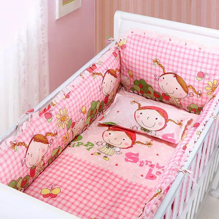 

6pcs Strawberry Girl Baby bedding kit berço Bed Linen cotton baby bedclothes crib bedding set (4bumpers+sheet+pillow cover)