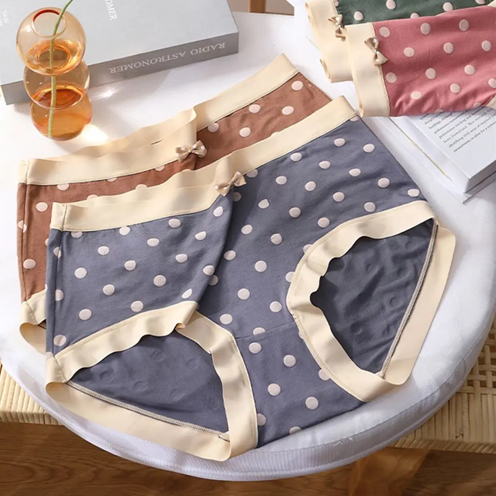 

Silk Crotch Bow Panties for Women Comfortable Mid Waist Dots Female Briefs Underwear Seamless Lingerie Breathable Underpants