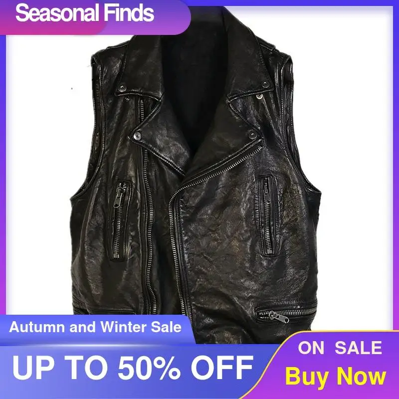 

2021 Black Slim Fit Biker's Leather Vest Men Japan Style Diagonal Zipper Genuine Sheepskin Spring Motorcycle Leather Coat