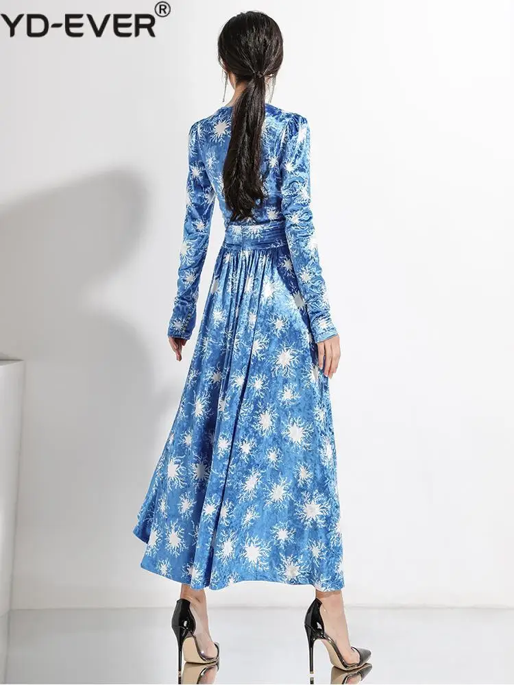 Женское бархатное платье с V-образным вырезом дизайнерское подиумное синее