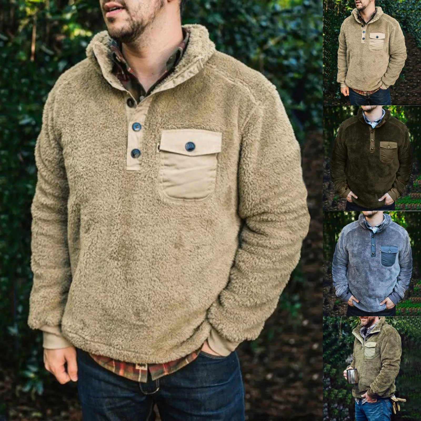 

Повседневные толстовки, свитшот, мужской пуловер с длинными рукавами и декоративными пуговицами, однотонный осенне-зимний мужской свитшот,...