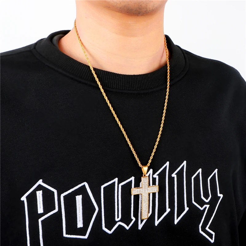 

HIP Hop Gold Color Stainless Steel Bling Iced Out Rope Chain Full 6 rows cz Cross Pendants & Necklaces for Men Jewelry