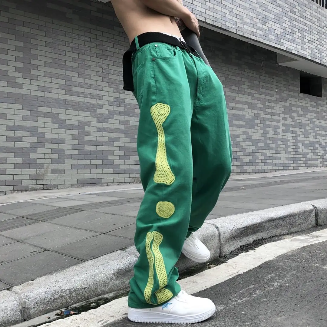 

Bone Embroidery Green Jeans Mens High Street Design Hip Hop Streetwear Loose Straight Trousers Kapital Cargo Pants Male Joggers