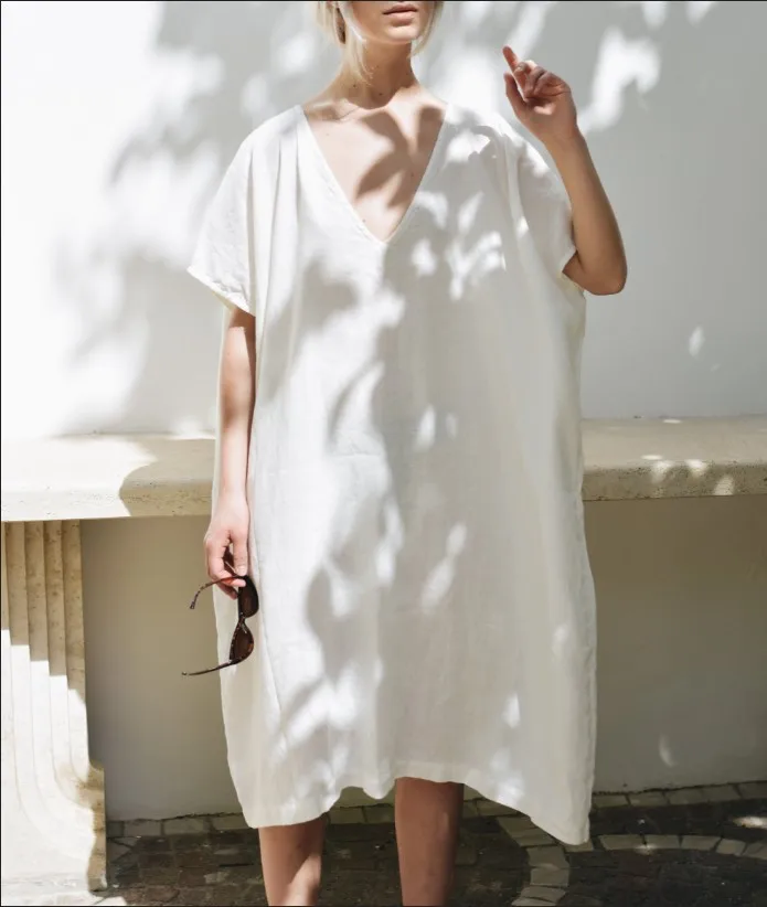Женское Хлопковое платье-макси с V-образным вырезом и коротким рукавом | Женская