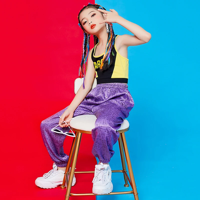 

Girls Jazz Dance Costumes Hip Hop Clothing Children Street Dancing Performance Wear Vest Purple Pants Kids Stage Outfit DNV13530
