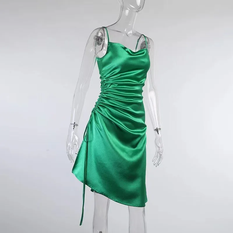 

WEPBEL Women's Sexy Solid Color Slim Dress Summer Elegance Spaghetti Strap Strapless High Waist Slit Irregular Dress
