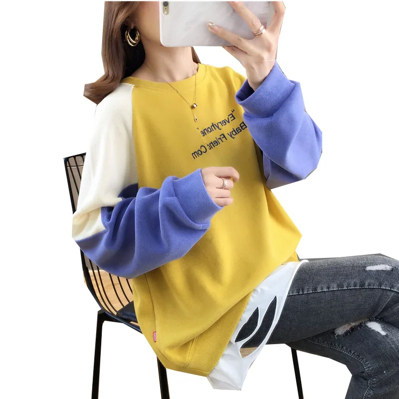 

Large Size Women Clothing Long Sleeve Patchwork Sweatshirts Harajuku Female Hooded Sweatshirt Letter Print Lady Pullover Top Y69