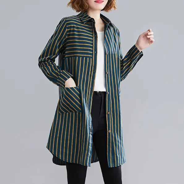 2020 New Spring Autumn Women Long Shirt Turn-Down Collar Red Yellow Green Striped Vintage Elegant Pockets Cotton Blouse DB351 | Женская