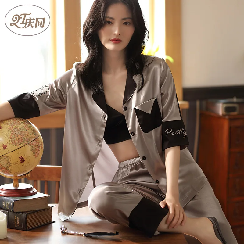 Женские летние тонкие штаны из ледяного шелка с коротким рукавом пижамы