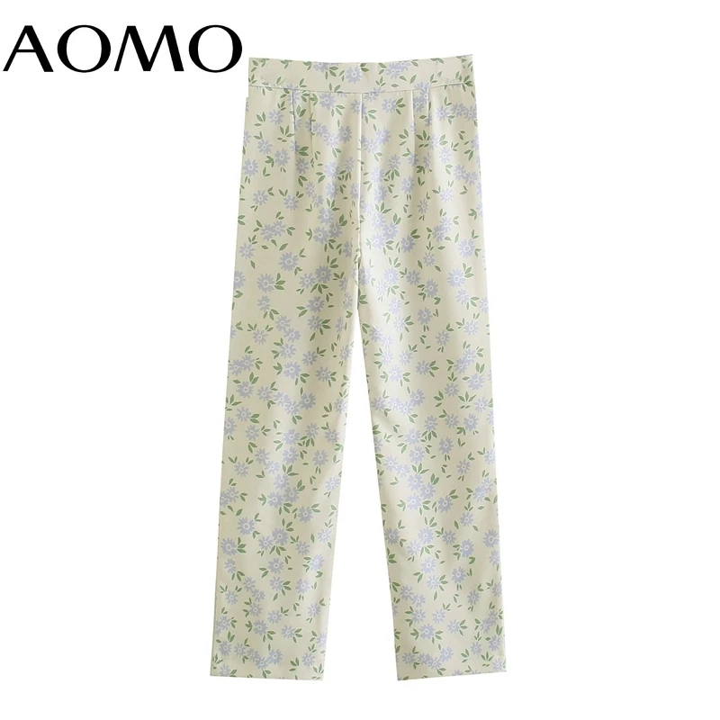 

AOMO Fashion Women Floral Suit Pants Trousers High Waist Pockets Zipper Office Lady Pants Pantalon QD77A