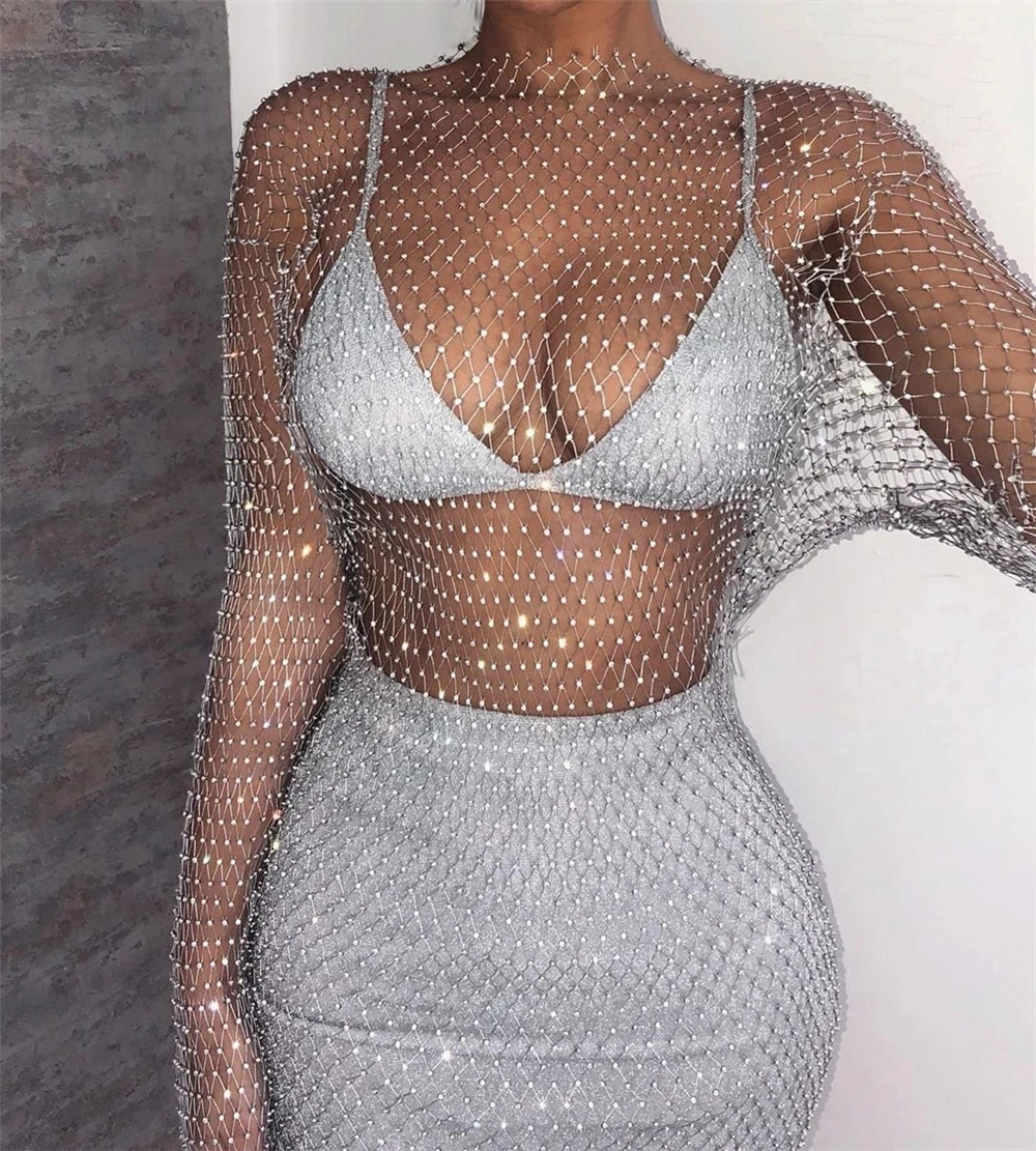 

New Crystal Diamond Sexy Bodycon Dress Women Hollow Out Long Sleeve Mini Dress 2020 Summer See Through Party Dress