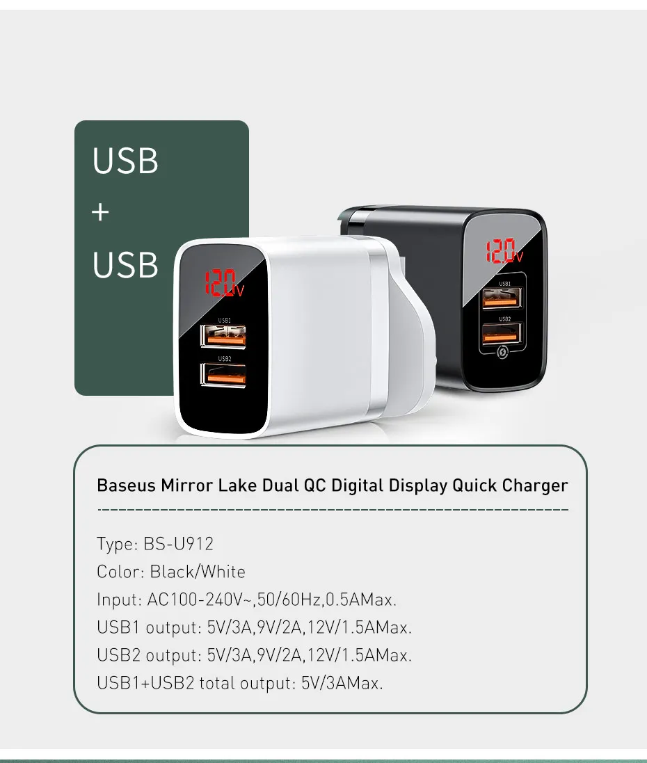 Baseus светодиодный дисплей USB зарядное устройство для мобильного телефона адаптер питания для iPhone samsung xiaomi настенная Быстрая зарядка розетка Великобритания вилка универсальная