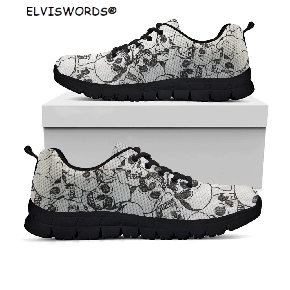 

ELVISWORDS Black White Sugar Skull Design Comfortable Women's Sneakers Breathable Ladies Walking Shoes Zapatos de mujer 2021