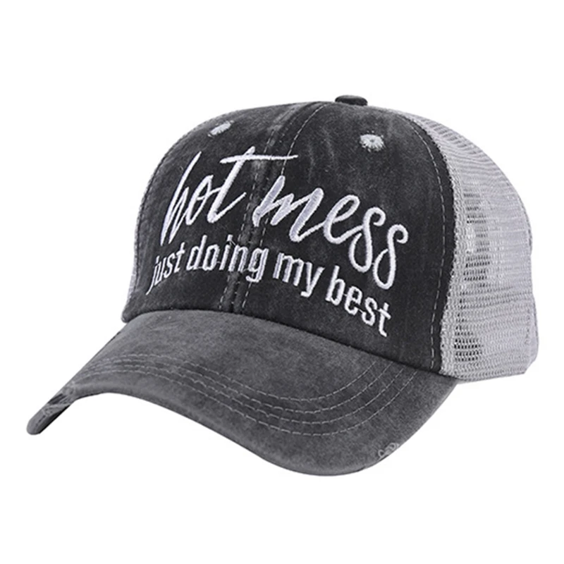 

Women Washed Denim Letters Embroidery Baseball Cap Mesh Cross Ponytail Dad Hat