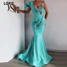 LORIE Vestidos largos De sirena para baile De graduación, vestido De satén con cuello en V, flores 3D, perlas y plumas, 2021 (2)