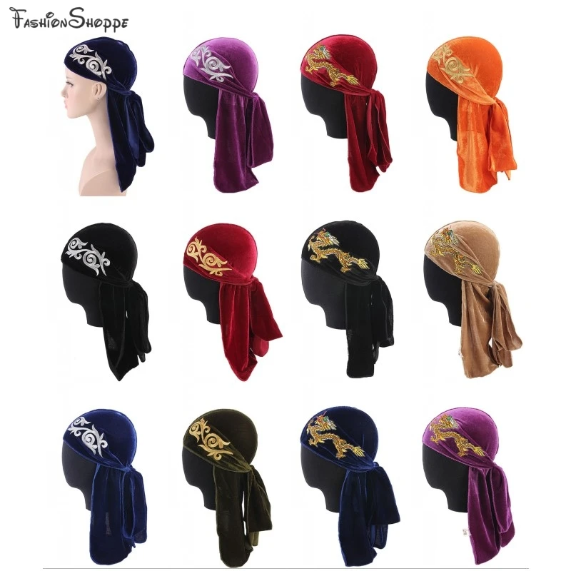 Тюрбан унисекс вышивка шаблон Бархат Durag дышащая бандана шляпа длинный хвост