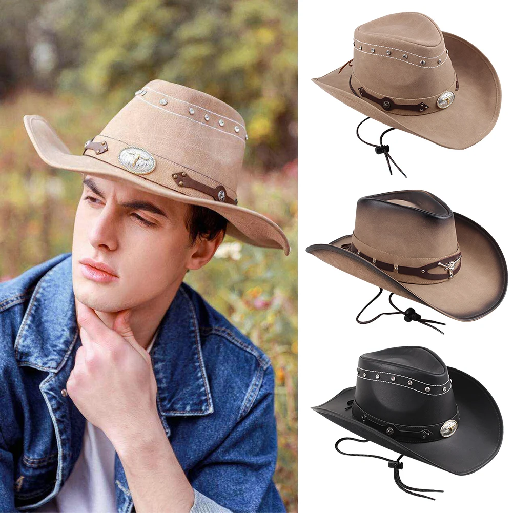 

Men Wide Brim Diamond Party Fashion With Chin Cord Vintage Anti UV Dad Soft Gift Cowboy Hat Sombrero PU Leather Pinch Front