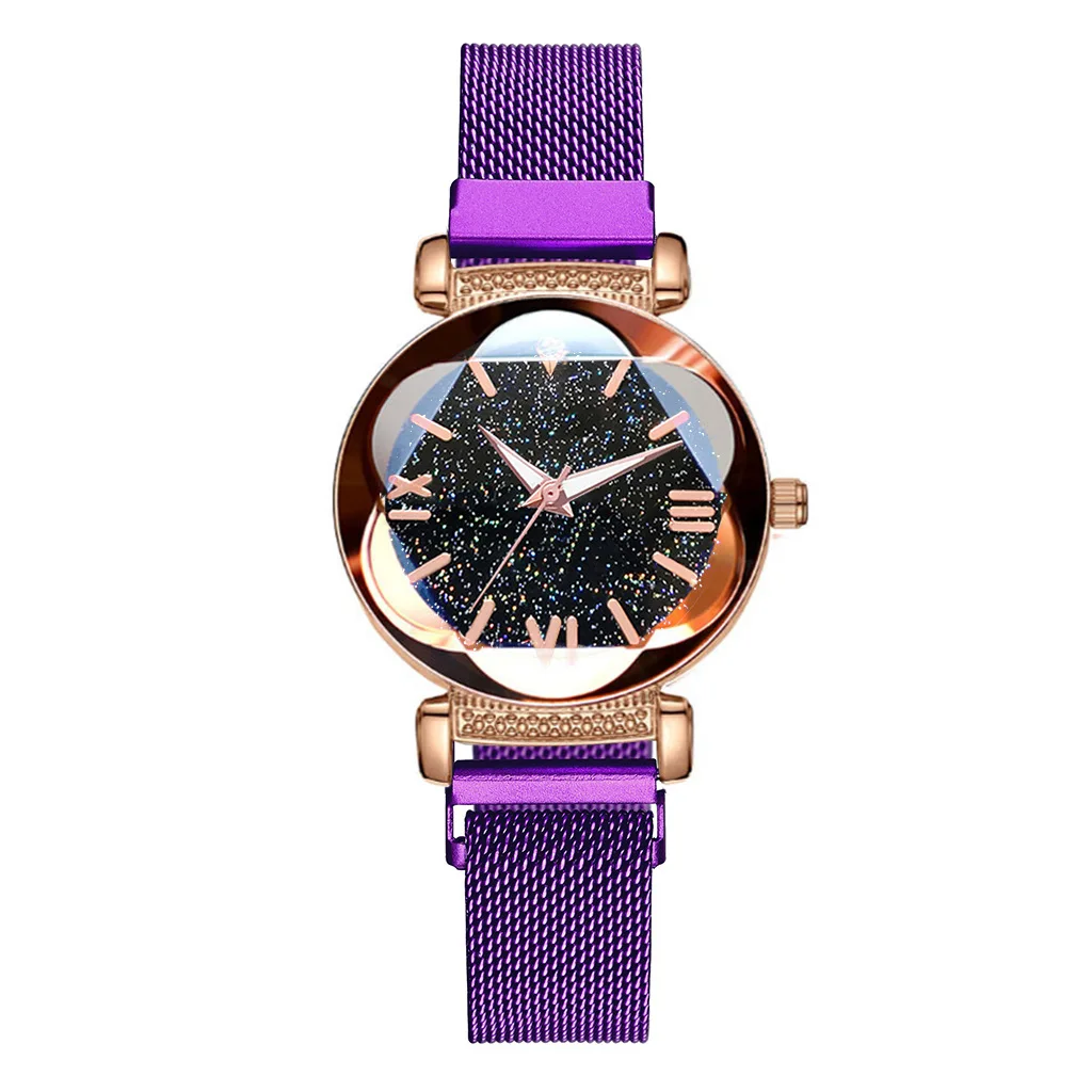 

Luxury Women Quartz Watch Magnet Alloy Milan Mesh Belt Lace Starry Sky Roman Numerals Luminous Pointer Ladies Quartz Watch Dress