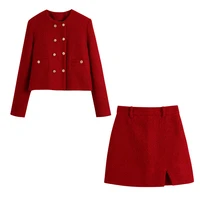 autumn new red ladies all match casual texture double breasted suit jacket and high waist texture skirt office professional wear