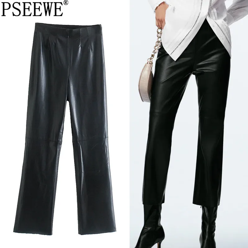 

PSEEWE Za 2021 Black Mini Flare Pants Women High Waist Faux Leather Leggings Autumn Fashion Woman Trousers Streetwear Pants