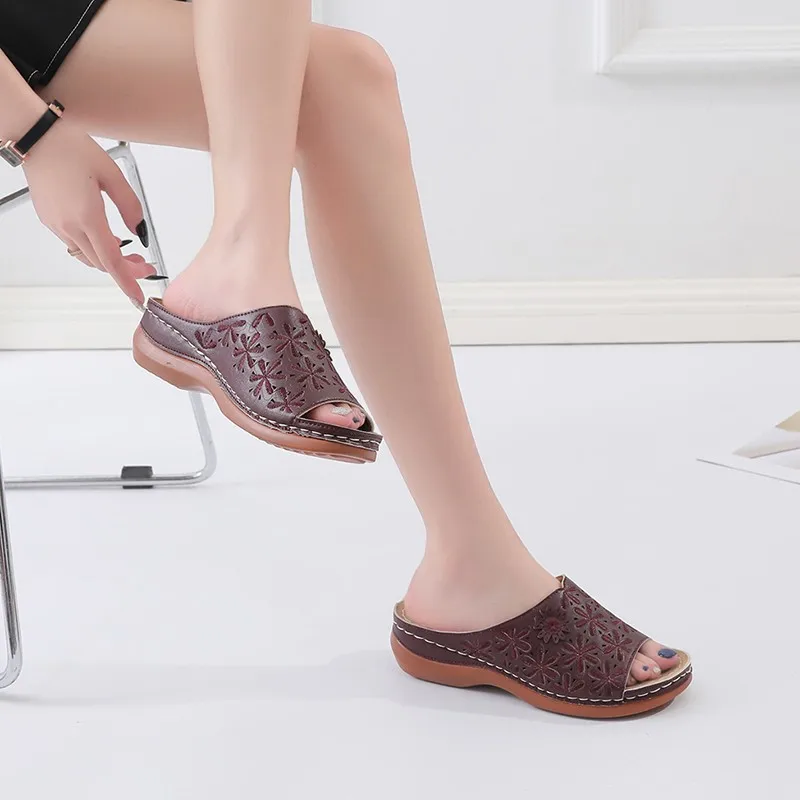 2021 Summer Women Wedge Sandals Premium Orthopedic Open Toe Sandals Vintage Anti-slip Leather Casual Female Platform Retro Shoes