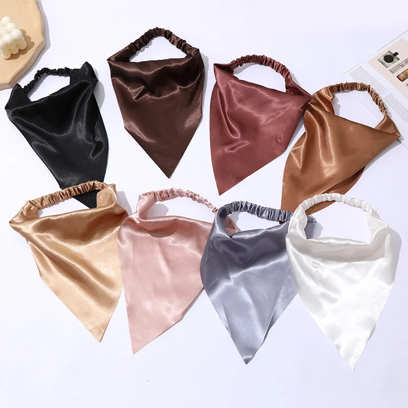 

2021 New Satin Silk Solid Color Hair Scarf Headband Elastic Hairbands Triangle Turban Headwrap Headbands Women Hair Accessories