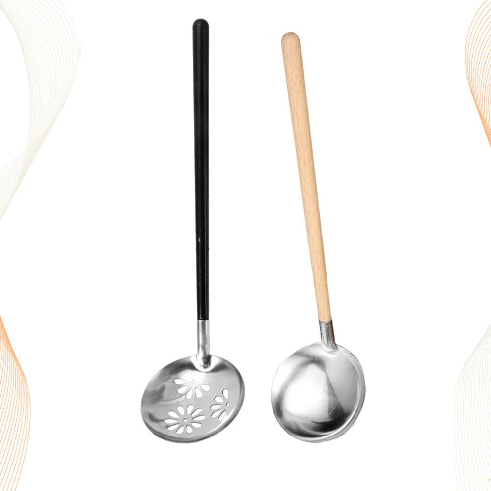 

2PCS Stainless Steel Soup Spoon Scoop Colander Cooking Ladle Cookware for Home Restaurant (Wooden Handle Ladle+Wooden Handle Col