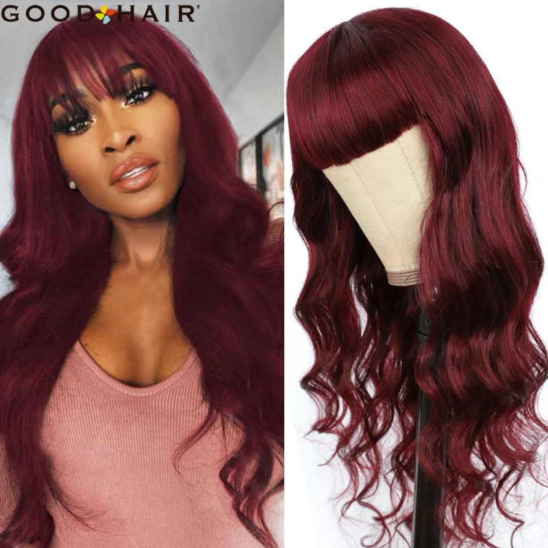 

Парики из натуральных человеческих волос с челкой, 99J, красные бразильские полноразмерные парики машинной работы для чернокожих женщин, пар...