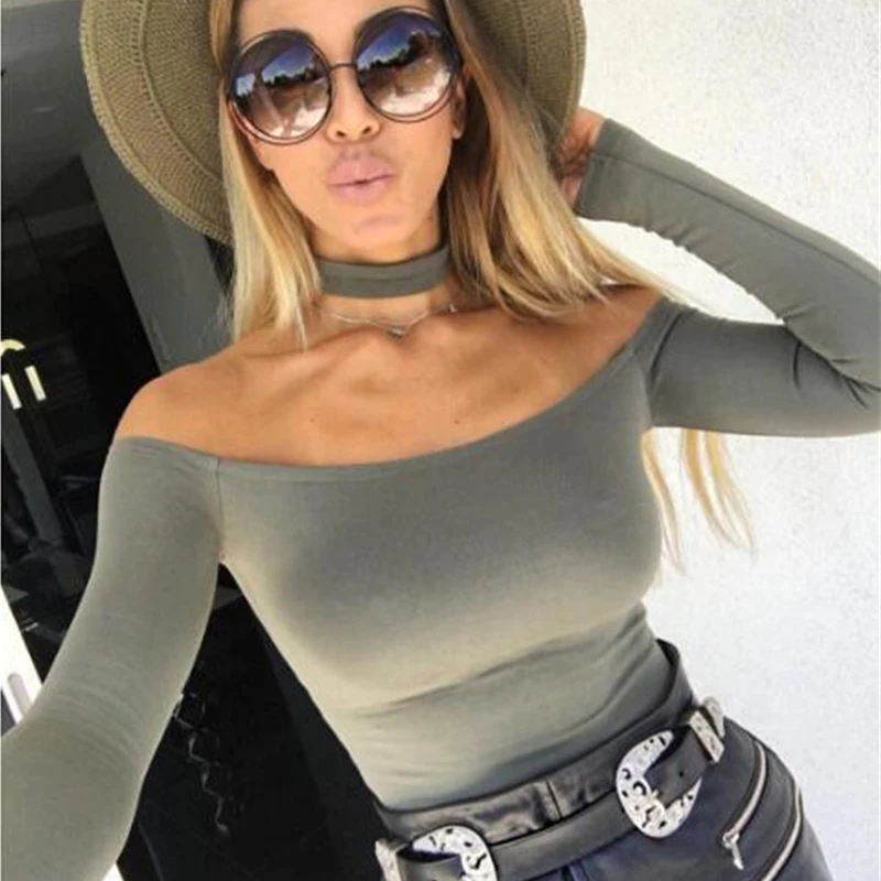 Женское уличное боди с открытыми плечами Осеннее облегающее однотонное длинным