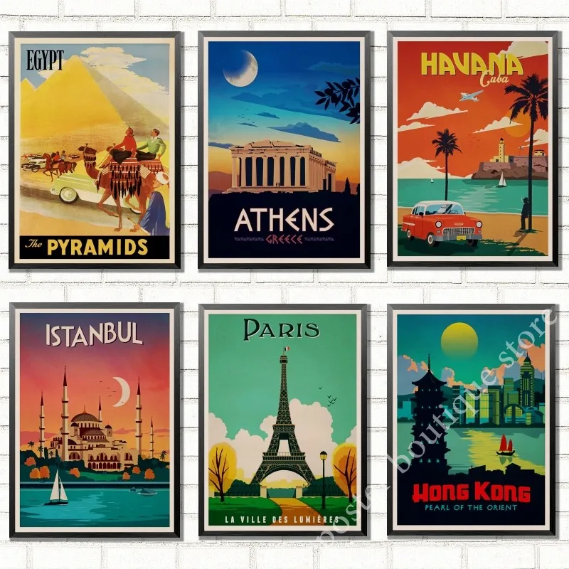 

Athens,Istanbul,Egypt,Aruba,Havana,Parls,Travel Landscape Vintage Retro Poster Decorative Wall Kraft Paper Poster Home Decor