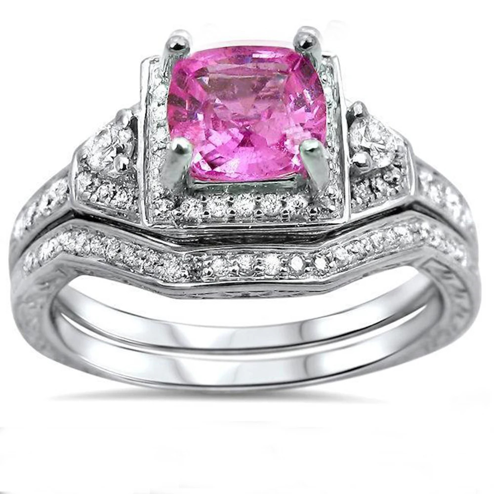 

2pcs/Set Fashion Silver Plated Cut Pink Crystal CZ Ring For Women Wedding Engagement Band Elegant Jewelry Birthday Gifts