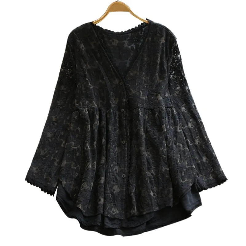 

2021 Spring Sweet Style Lace V Neck Hollow Out Women Blouse Oversize Single-breasted Solid Color Loose Tops