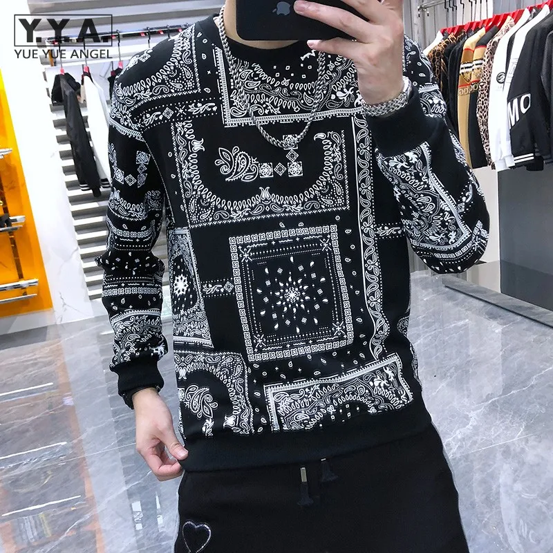Autumn Men Long Sleeve Vintage Floral Printed T-Shirt Slim Fit Casual Gothic Tees Tops O Neck Pullover High Street T-Shirts Male