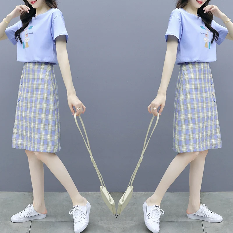 

Print Sweatshirt Long A-Line Skirt 2021 Spring Summer Tall Waist Two Pcs Set Clothing Women Short Sleeves Sweatshirt Top