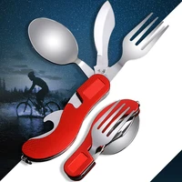 4 in 1 multifunction stainless steel tableware camping survival hiking folding pocket fork knife spoon bottle opener cutlery set