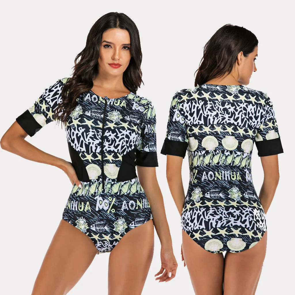 Женский цельный купальник для дайвинга и серфинга с принтом рукавом до локтя