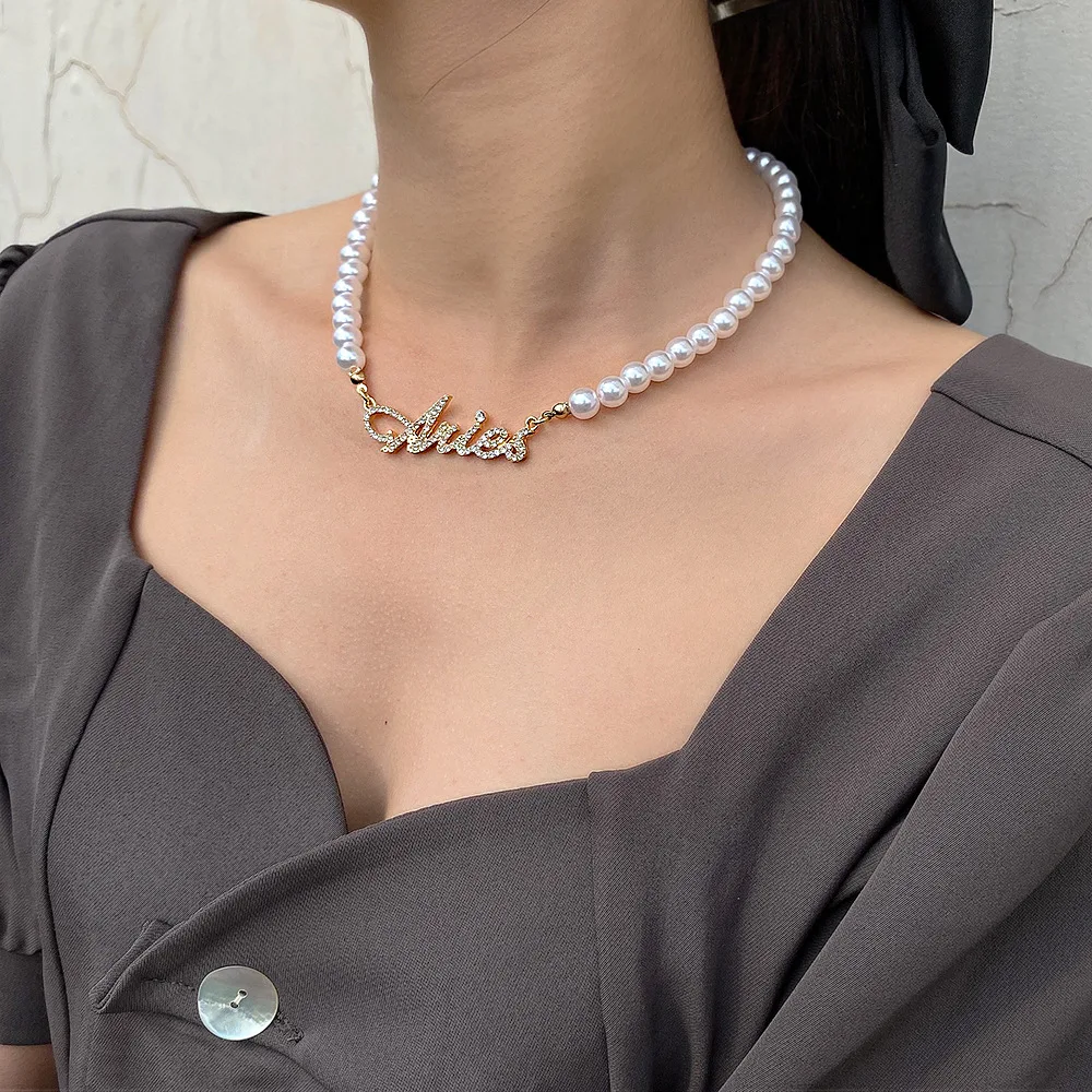 

Cubic Zirconia Pendant Zodiac Necklace Cursive Letter Necklace Dainty Gold Imitation Pearl Necklace Horoscope Bridesmaid Gift