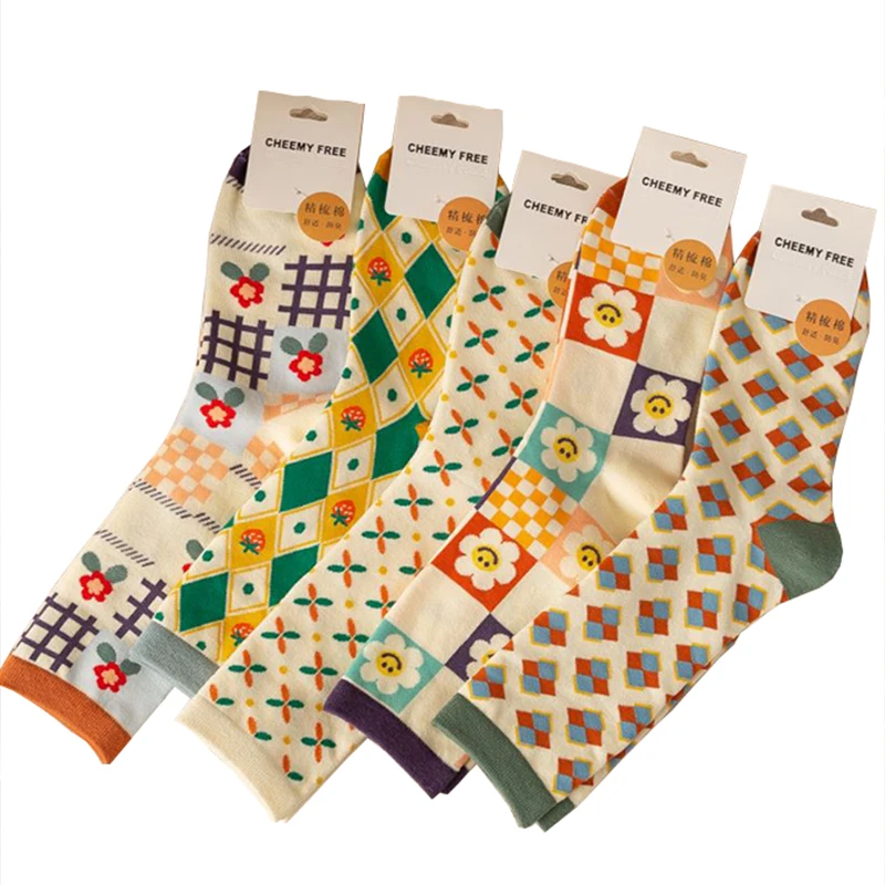 5Pair Fashion New Print Cute Cotton Socks Women Flowers Long  Socks Set Kawaii Breathable Korean Style Streetwear Cycling Socken