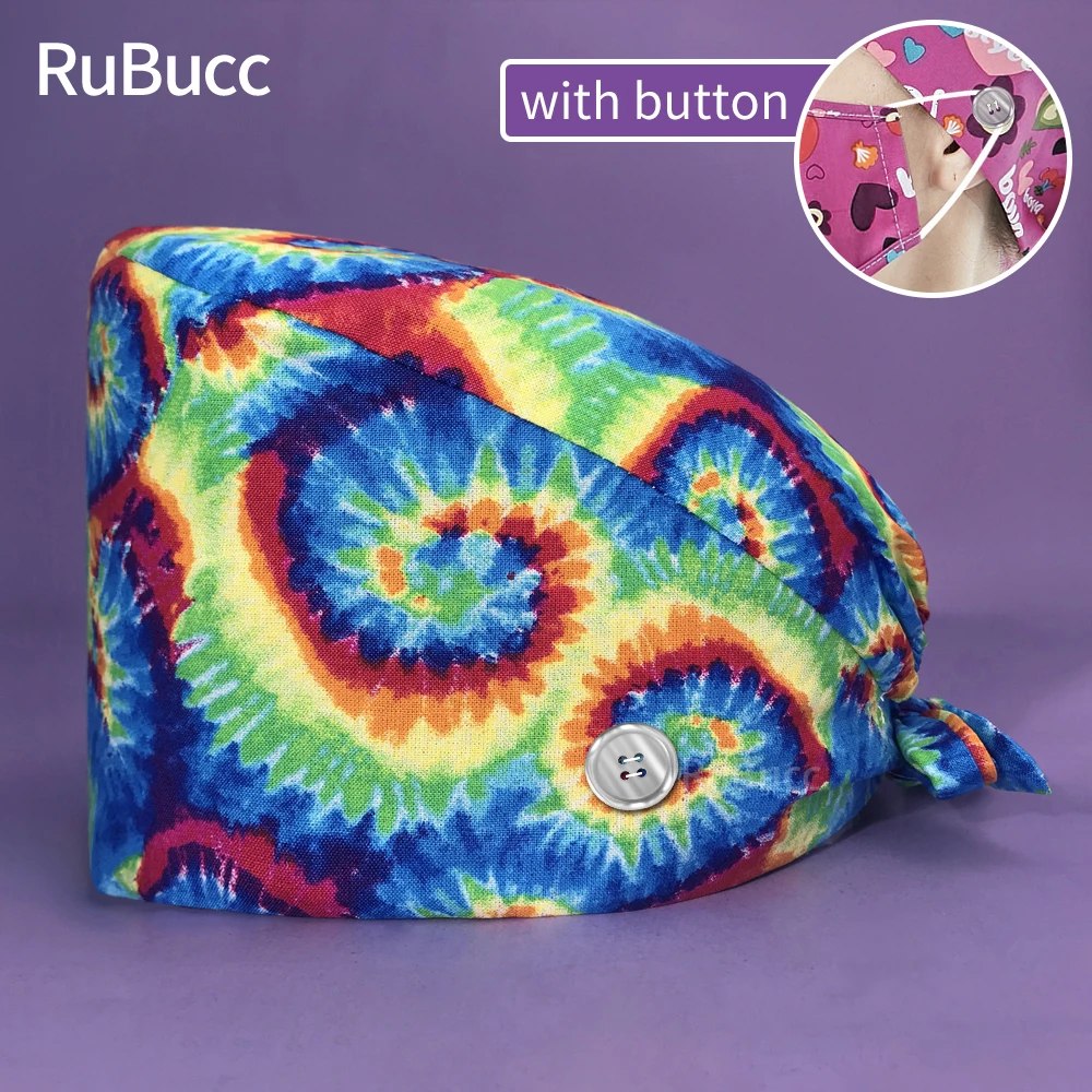 

Medical Button Flower Print Pharmacy Pet Shop Women Doctors Surgical Hat With Button Accessory Nurse Dental Hospital Scrubs Caps