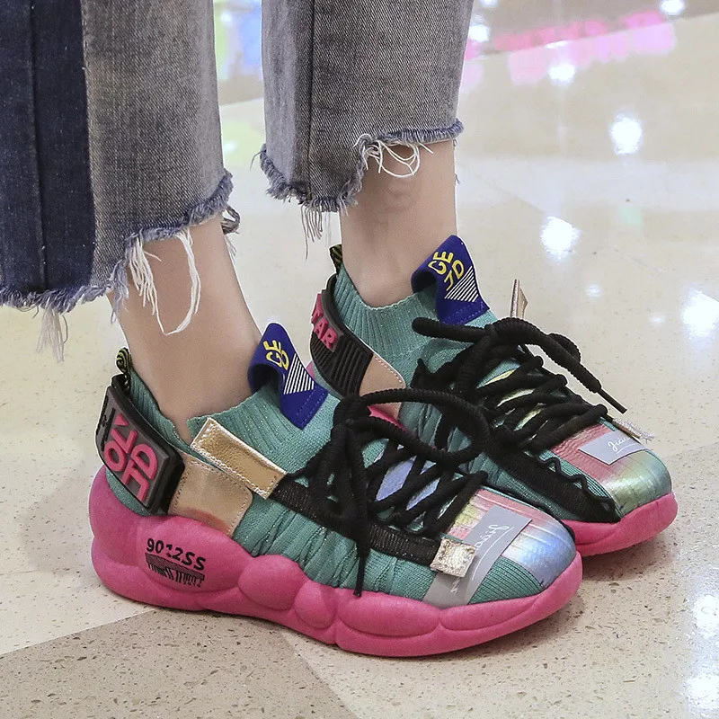 Women Chunky Sneakers Platform Thick Sole Ladies Casual Vulcanize Shoes Stretch Mesh Dad female Designer size 42 B341 | Обувь