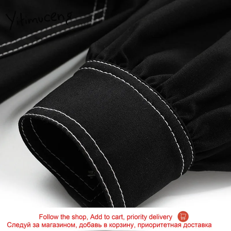 

Yitimuceng Black Solid Dresses Woman Spring new 2021 Square Collar Single Breasted Long Sleeve Fashion Clothing Office Lady