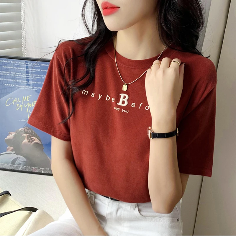 

2021 Summer T-shirts Women Korean Vogue Letter Embroidery O-neck Tops Short Sleeve Tee Shirts Femme Cotton Casual Solid Top