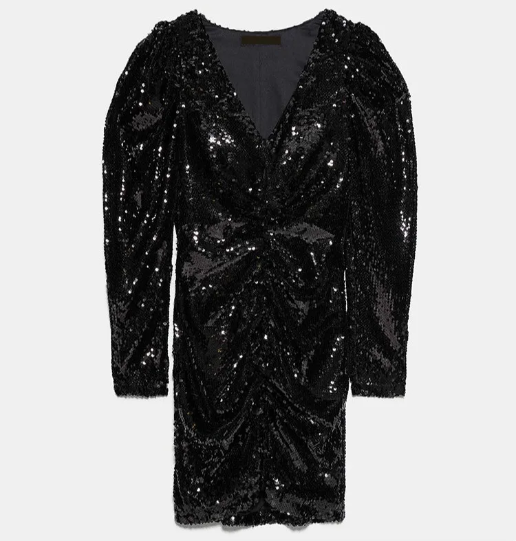 

European Women's Luxury Sequins V-neck Dress Mini Draped Puff Sleeves PU Faux Leather Dresses Feminine Party Chic Club Vestidos