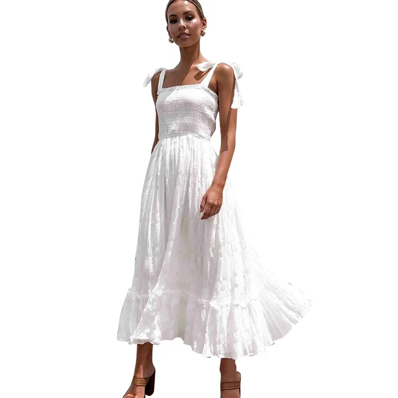 

Women Summer Long Pure White Dress Sexy Lace Up Dress Sweety Bohemian Dress Lady Bow Strapless Pleated Dress Suspender Dress