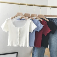 women short sleeve cropped knitted shirts summer round neck buttons front lace edge sweet casual ribbed chic tee