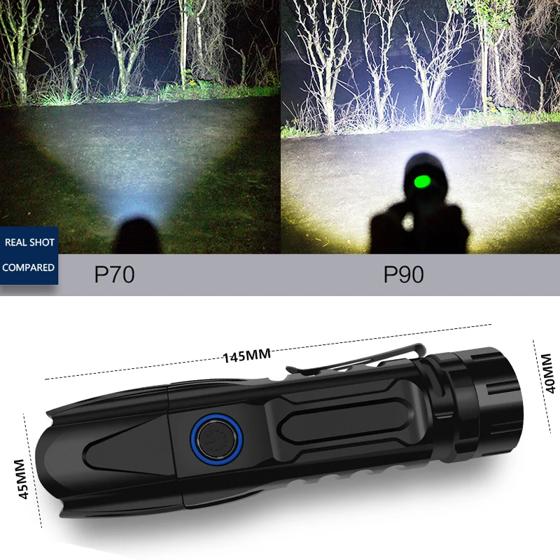 

Most Powerful 90000LM XHP90 LED Flashlight Tactical Smart chip control 4Modes Zoomable Torch With bottom attack cone use 26650