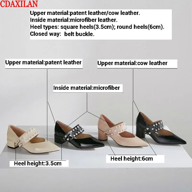 

CDAXILAN NEW to women pumps genuine cow patent leather bukle strap pointed toe shoes Mary Janes Mid-heel High heel shoes ladies