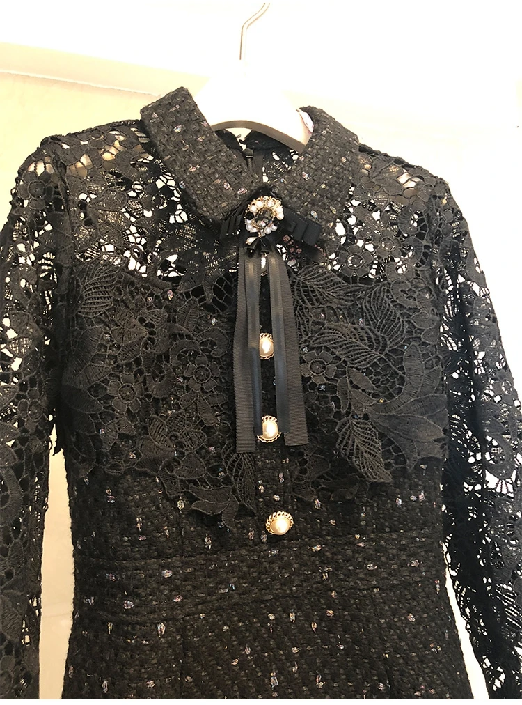 Весна, новинка, женское элегантное твидовое платье с кружевами, Vestidos, Дамское милое мини платье с длинным рукавом, украшенное бриллиантами и бантом