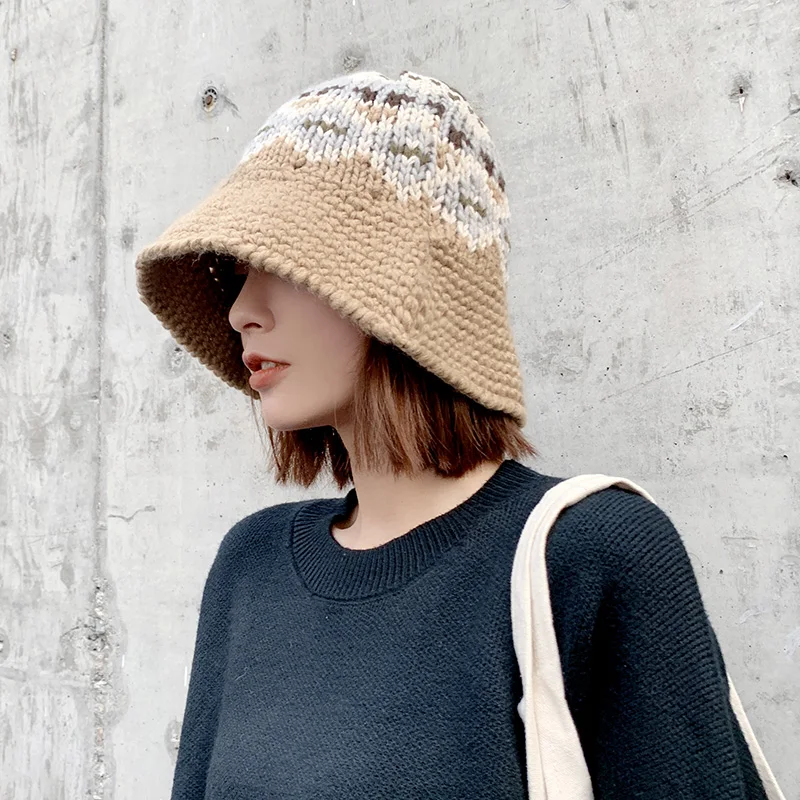 H3581 Winter Bucket Hat Female Korean Knitted Fisherman Cap Fall Warm Shopping Outdoor Casual Japanese Simple Fashion Girl Hats